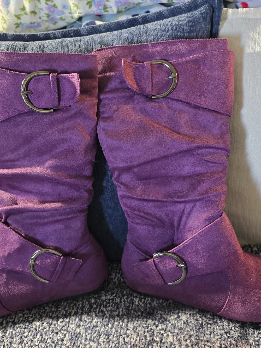 Women's Purple Suede Mid-Calf Buckle Booties